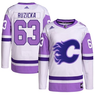 Authentic Adidas Men's Adam Ruzicka Calgary Flames Hockey Fights Cancer Primegreen Jersey - White/Purple