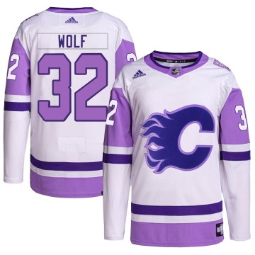Authentic Adidas Men's Dustin Wolf Calgary Flames Hockey Fights Cancer Primegreen Jersey - White/Purple