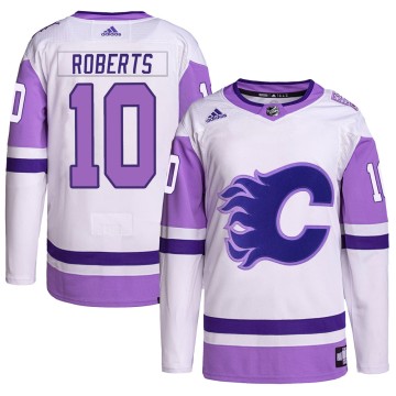 Authentic Adidas Men's Gary Roberts Calgary Flames Hockey Fights Cancer Primegreen Jersey - White/Purple