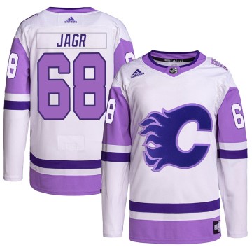 Authentic Adidas Men's Jaromir Jagr Calgary Flames Hockey Fights Cancer Primegreen Jersey - White/Purple