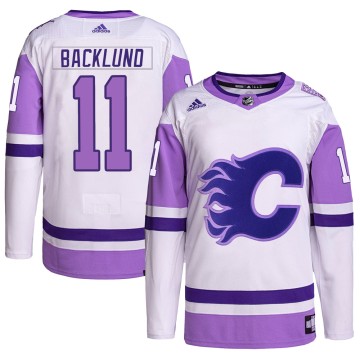 Authentic Adidas Men's Mikael Backlund Calgary Flames Hockey Fights Cancer Primegreen Jersey - White/Purple
