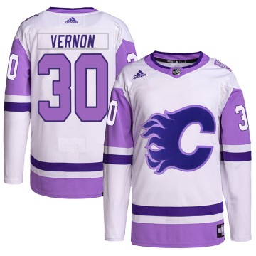 Authentic Adidas Men's Mike Vernon Calgary Flames Hockey Fights Cancer Primegreen Jersey - White/Purple