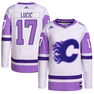 Authentic Adidas Men's Milan Lucic Calgary Flames Hockey Fights Cancer Primegreen Jersey - White/Purple