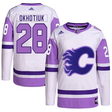 Authentic Adidas Men's Nikita Okhotiuk Calgary Flames Hockey Fights Cancer Primegreen Jersey - White/Purple