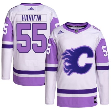 Authentic Adidas Men's Noah Hanifin Calgary Flames Hockey Fights Cancer Primegreen Jersey - White/Purple