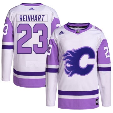 Authentic Adidas Men's Paul Reinhart Calgary Flames Hockey Fights Cancer Primegreen Jersey - White/Purple
