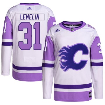 Authentic Adidas Men's Rejean Lemelin Calgary Flames Hockey Fights Cancer Primegreen Jersey - White/Purple