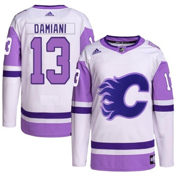 Authentic Adidas Men's Riley Damiani Calgary Flames Hockey Fights Cancer Primegreen Jersey - White/Purple