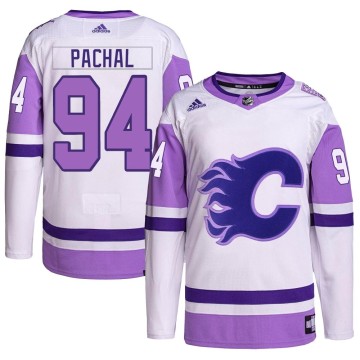 Authentic Adidas Youth Brayden Pachal Calgary Flames Hockey Fights Cancer Primegreen Jersey - White/Purple