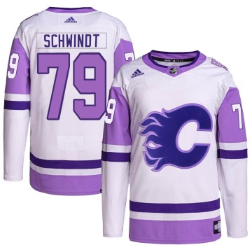 Authentic Adidas Youth Cole Schwindt Calgary Flames Hockey Fights Cancer Primegreen Jersey - White/Purple