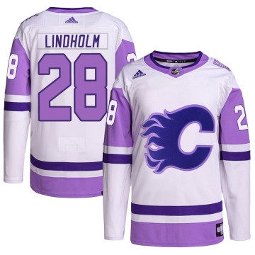 Authentic Adidas Youth Elias Lindholm Calgary Flames Hockey Fights Cancer Primegreen Jersey - White/Purple