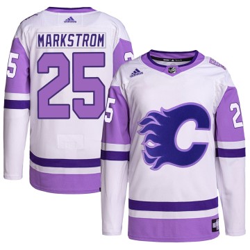 Authentic Adidas Youth Jacob Markstrom Calgary Flames Hockey Fights Cancer Primegreen Jersey - White/Purple