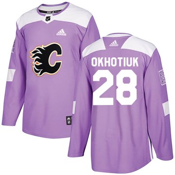 Authentic Adidas Youth Nikita Okhotiuk Calgary Flames Fights Cancer Practice Jersey - Purple